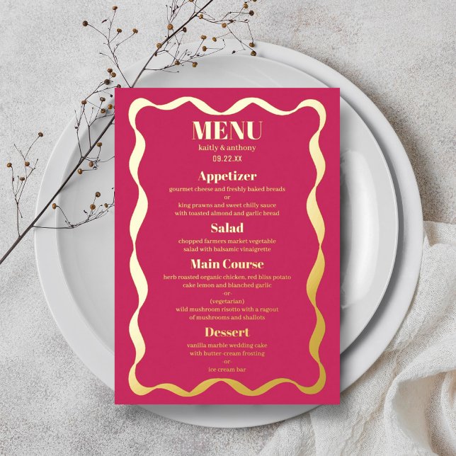 Carte de menu Coquette Bow Retro Mariage Real Foil (Créateur téléchargé)