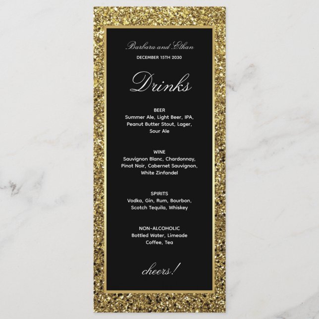 Carte de Menu de Boissons Élégante Or et Noir (Devant)