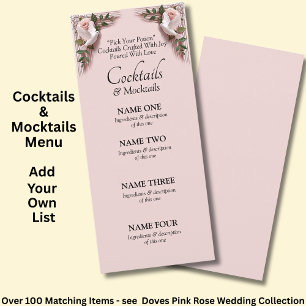 Carte de menu de cocktails - Roses roses et colomb