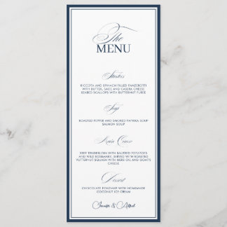 Carte de menu de dîner de mariage bleu marine chic