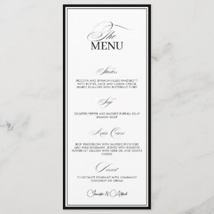 Carte de menu de dîner de mariage en noir et blanc