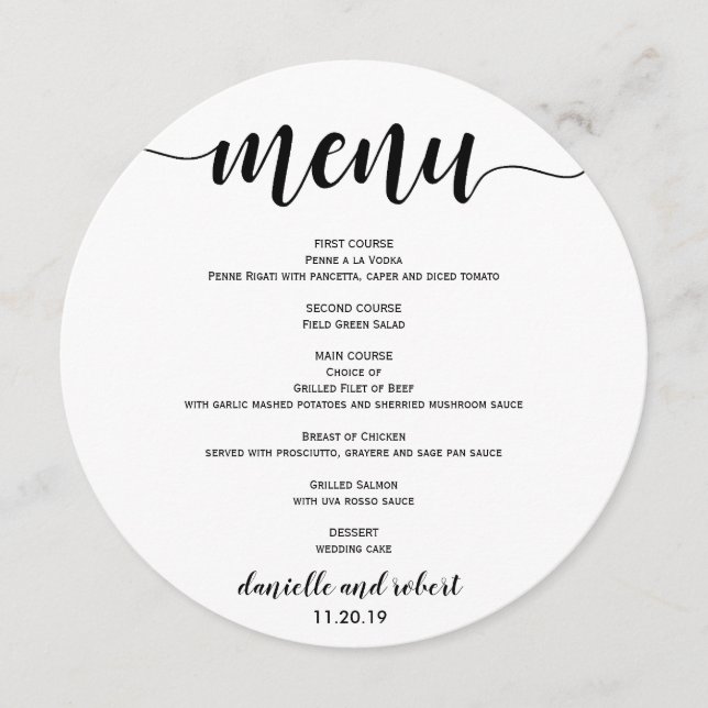 Carte de menu de dîner de mariage rond pour assiet (Devant)