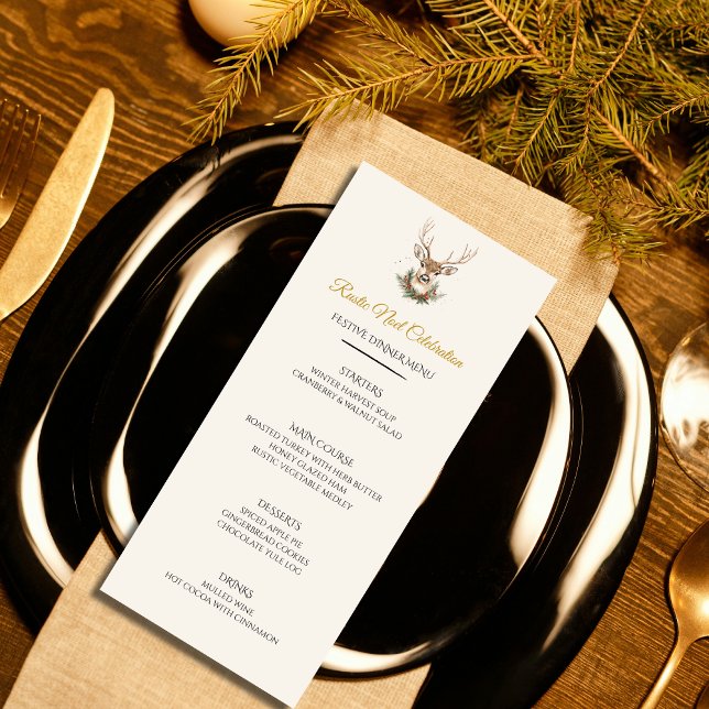 Carte de Menu de Dîner de Noël Rustique Élégant (Rustic Noel Christmas menu card — rustic elegance with a grand reindeer. Customizable.)