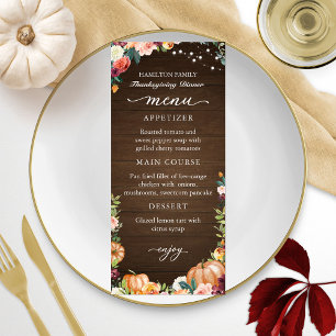 Carte de menu de dîner de Thanksgiving à la floral