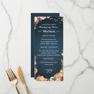 Carte de menu de dîner de Thanksgiving à la floral