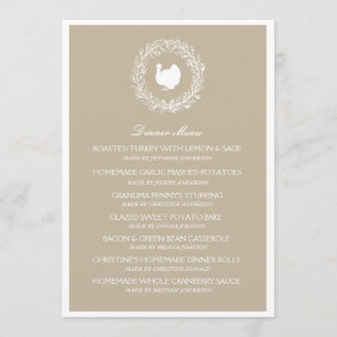 Carte de menu de dîner de thanksgiving de
