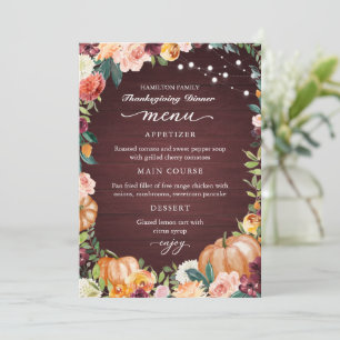 Carte de Menu de Dîner de Thanksgiving Floral Auto