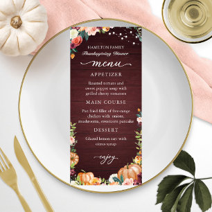 Carte de Menu de Dîner de Thanksgiving Floral d'Au