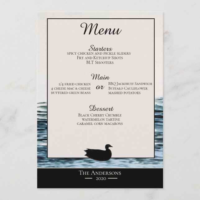 Carte de menu de dîner du lac Wild Duck (Devant)