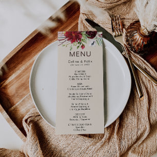Carte de menu de dîner floral moderne Burgundy Nav