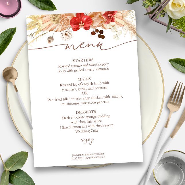 Carte de menu de Fête des mariées Florale Boho en  (Créateur téléchargé)