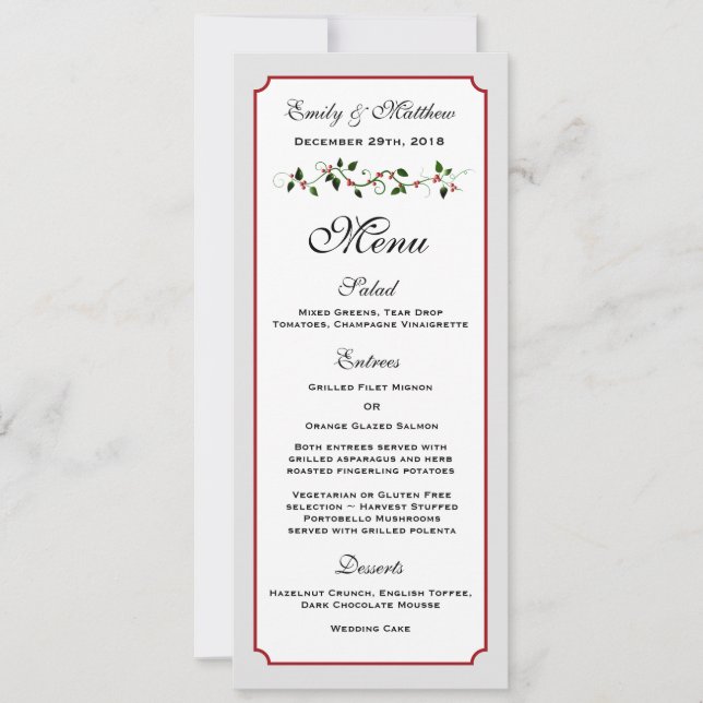 Carte de menu de la réception de mariage de décemb (Devant)