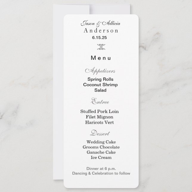 Carte de menu de mariage (Devant)