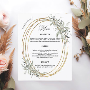 Carte de menu de mariage à la verdure dorée