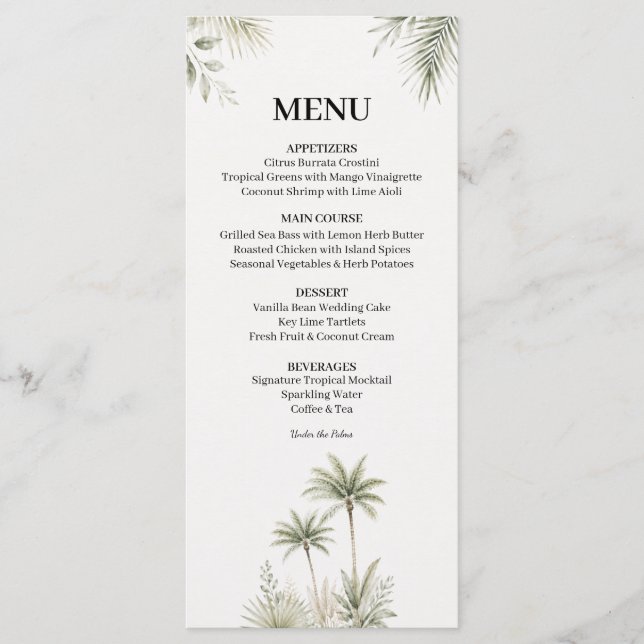 Carte de menu de mariage à l'aquarelle avec palmie (Devant)