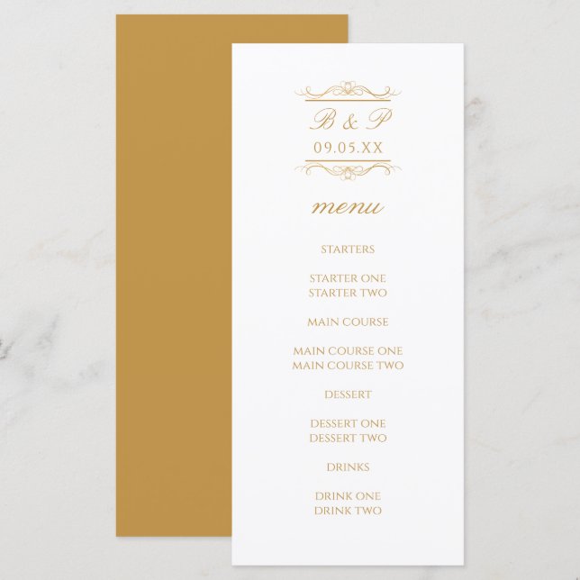 Carte de menu de mariage à monogramme doré simple  (Devant / Derrière)