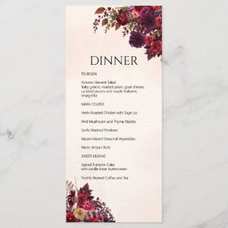 Carte de menu de mariage automnal à la rose de Bou