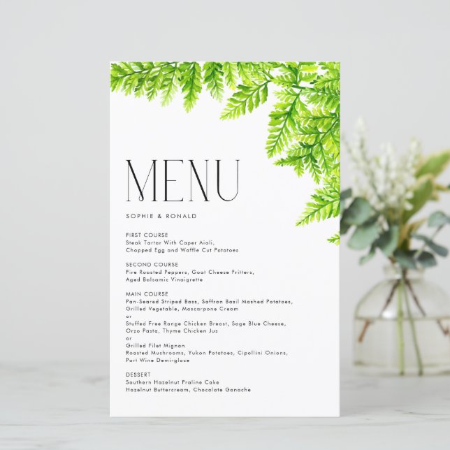 Carte de menu de mariage aux feuilles de fougère v (Debout devant)
