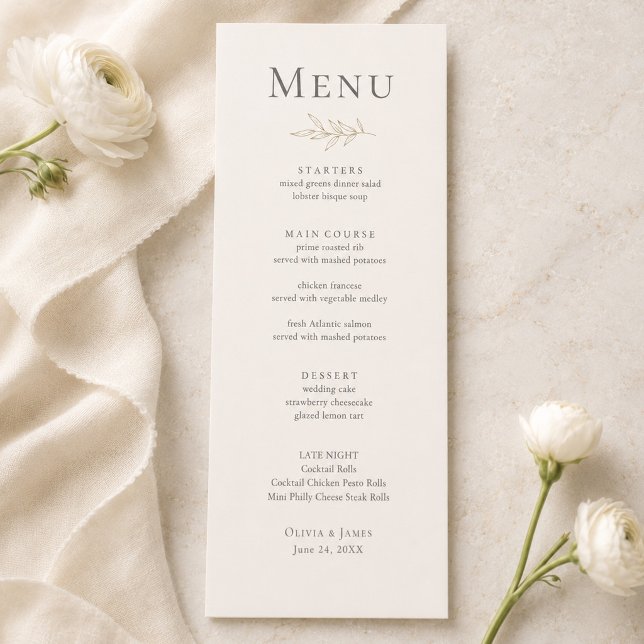 Carte de menu de mariage botanique en ivoire et or (Ivory & Antique Gold Botanical Wedding Menu Card on an elegant marble table with white flowers)