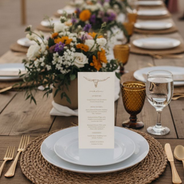 Carte de menu de mariage crâne de vache Boho déser (Desert Boho Cow Skull Wedding Menu Card)