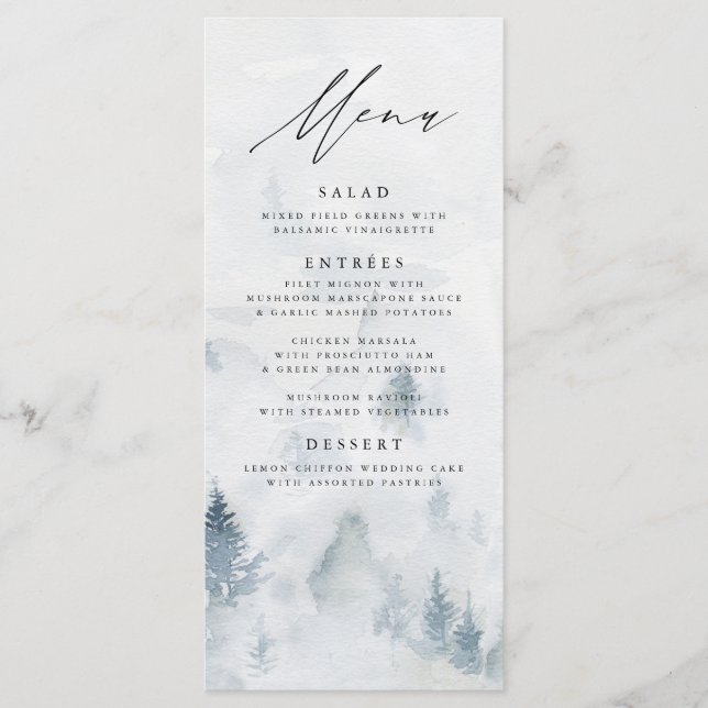 Carte de Menu de Mariage Élégant en Forêt d'Hiver (Devant)