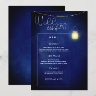 Carte de menu de mariage élégante en bleu minuit d