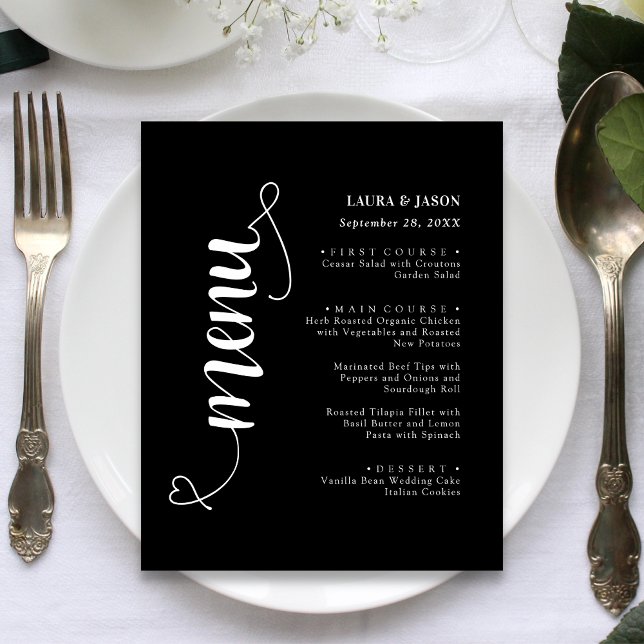 Carte de Menu de Mariage Élégante et Fantaisie pou (Elegant script wedding menu card adds refined charm to each place setting.)