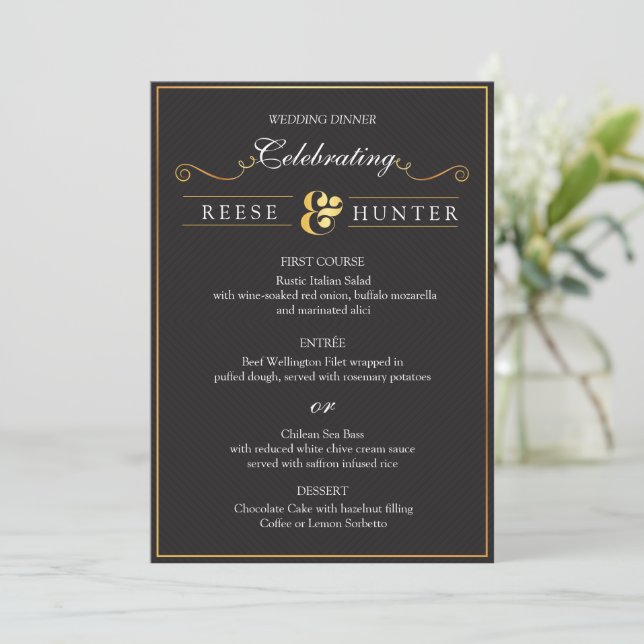 Carte de menu de mariage élégante noir or moderne (Debout devant)
