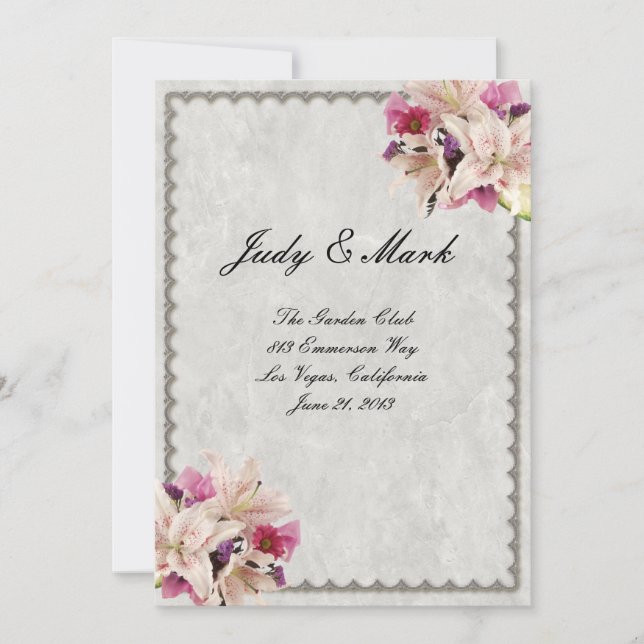 Carte de menu de mariage en marbre floral Lily bla (Devant)