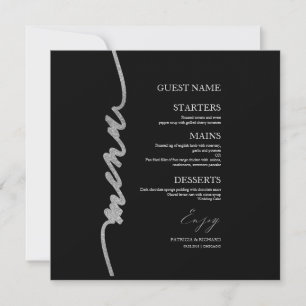 Carte de menu de mariage Faux Glitter Argent Noir 