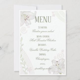 Carte de menu de mariage Fleur de Lys blanche dess
