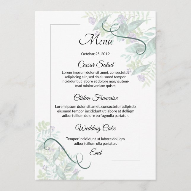 Carte de menu de mariage floral (Devant)