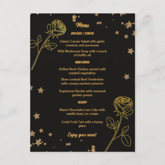 Carte de menu de mariage floral à feuilles d'or lu