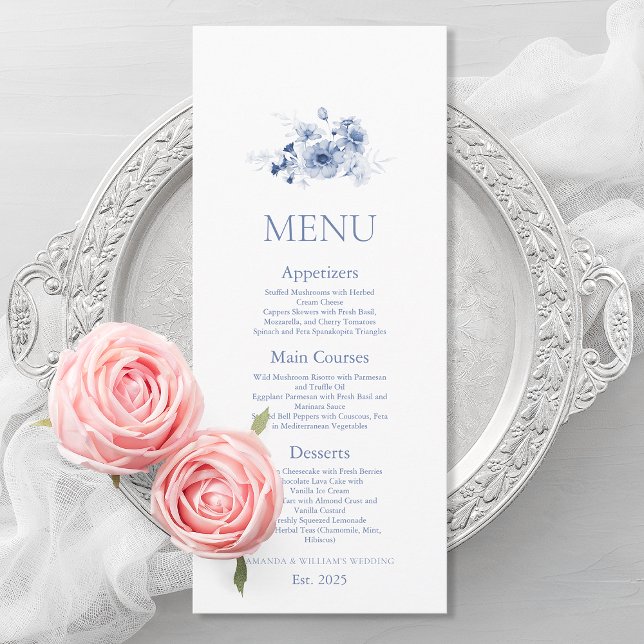 Carte de menu de mariage floral bleu poussiéreux (Créateur téléchargé)