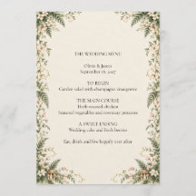 Carte de menu de mariage floral de fougère de bois