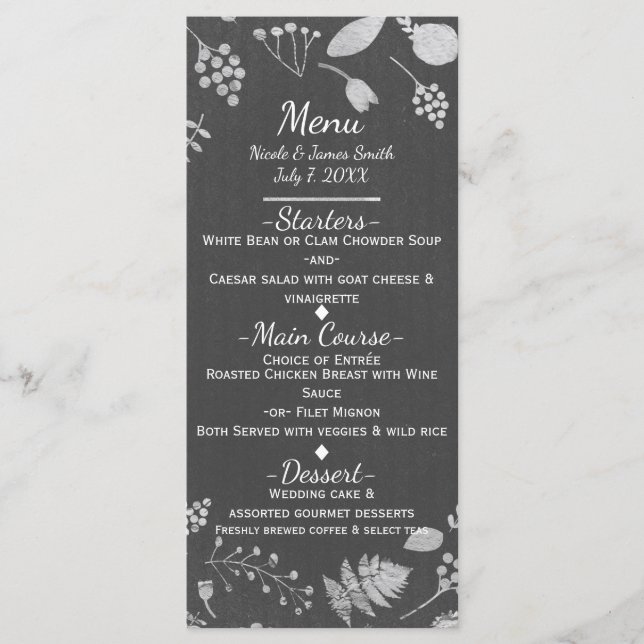 Carte de menu de mariage floral gris charbon et ar (Devant)