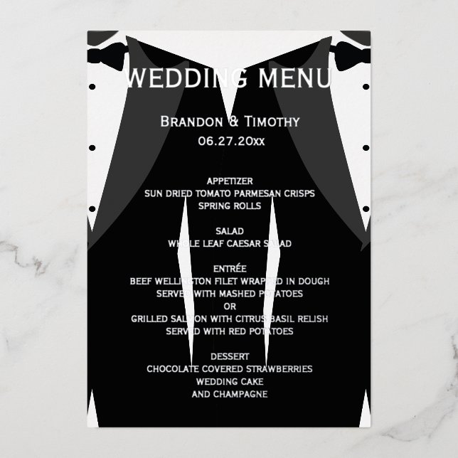 Carte de menu de mariage gay en véritable feuille  (Recto)