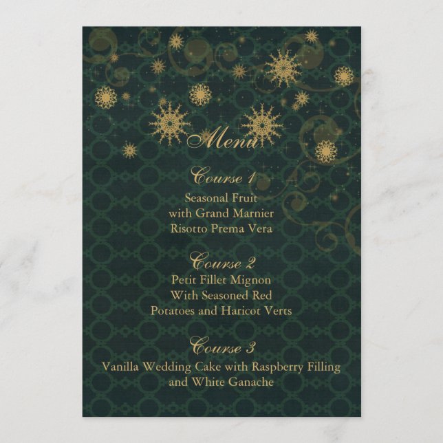 Carte de menu de mariage hivernal d'or vert Snowfl (Devant)