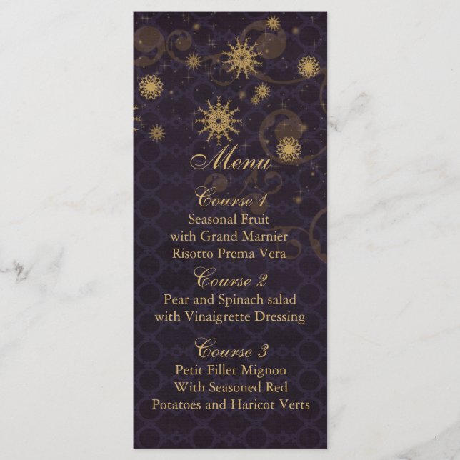 Carte de menu de mariage hivernal en or violet