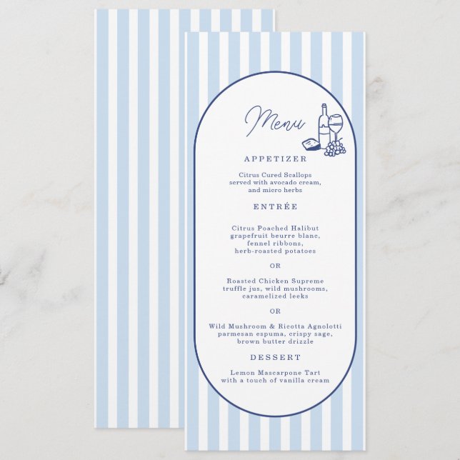 Carte de menu de mariage longue rayée Cabane Bleue (Devant / Derrière)