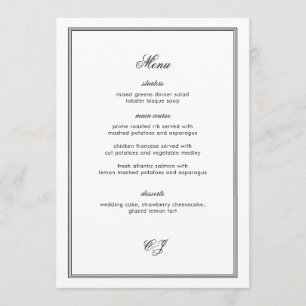 Carte de menu de mariage noir et blanc Old Money
