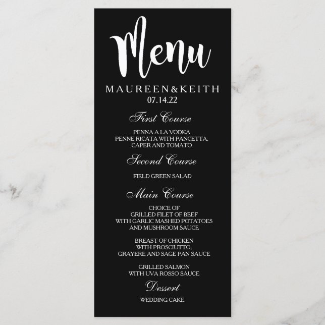 Carte de menu de mariage personnalisée noir et bla (Devant)