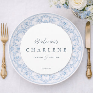 Carte de menu de mariage ronde française bleu pous
