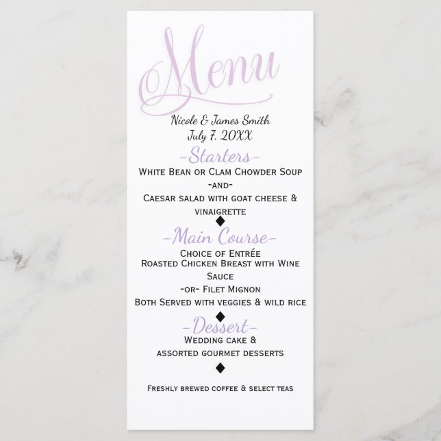 Carte de menu de mariage simple élégant lavande et (Devant)