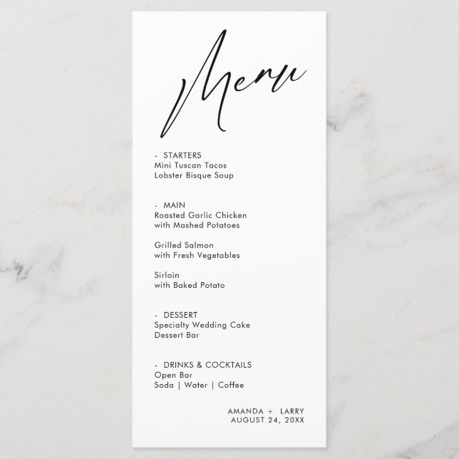 Carte de menu de mariage simple et moderne (Devant)