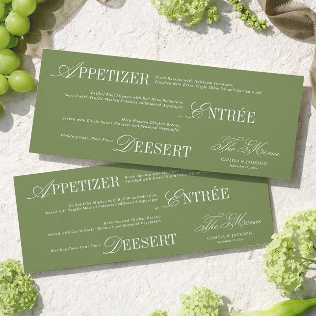 Carte de menu de mariage vert olive Old Money (Créateur téléchargé)