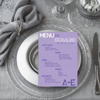 Carte de menu de mariage violet et argent avec nom