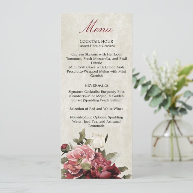 Carte de menu de réception Bouquet Bourgogne (Debout devant)