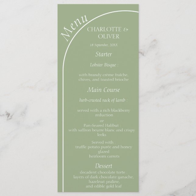 Carte de menu de réception de mariage à arche vert (Devant)