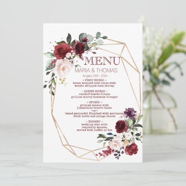 carte de menu de réception de mariage floral (Debout devant)